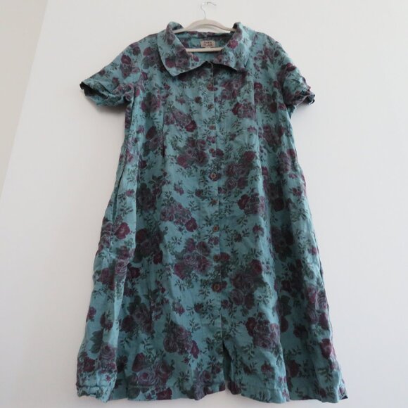 FLAX 100% Linen Floral Gauzy Shirt Dress Lagenlook Feminine Boho - Size L - Picture 9 of 15